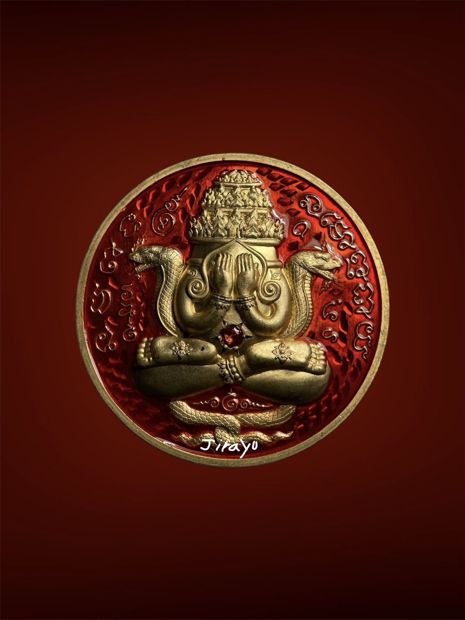 🔥 เหรียญปิดตาพังพระกาฬ โคตรเศรษฐี สัตตะลงยาส้ม ฝังพลอย No.39  👍